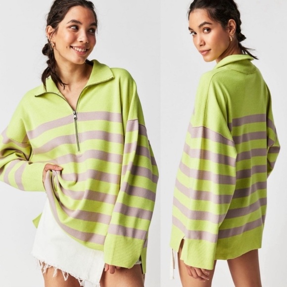 Free People Sweaters - Free People Coastal Stripe Pullover Sweater Small Lime Lavender Preppy